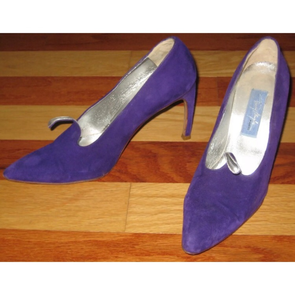 VINTAGE 1990s THIERRY MUGLER PURPLE SILVER SUEDE STILETTO HEELS 36.5 AVANT GARDE